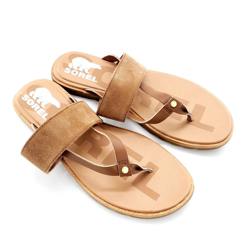 Sorel Tan Leather Slip-On Thong Sandals Womens 6 LL6037-242
